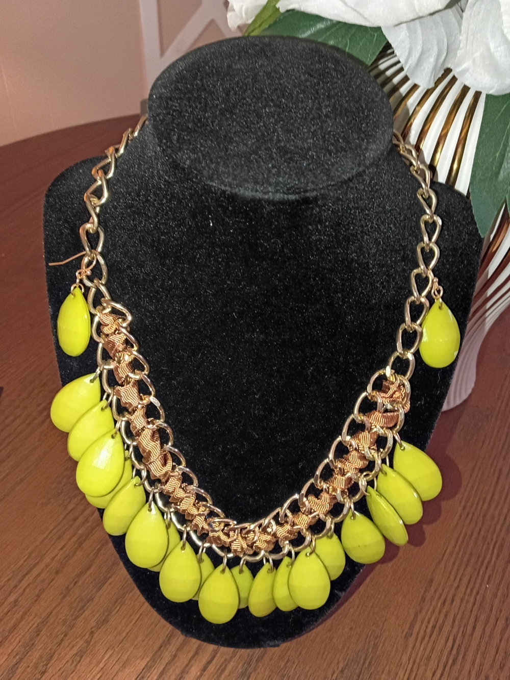 Gold-Tone Chain Necklace with Lime Yellow Teardrop Charms